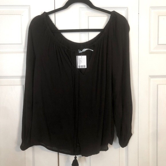 KIMCHI BLUE X-Small NWT Black Peasant Flowy Boho Chic V-Neck Tassels Oversized - Picture 1 of 8
